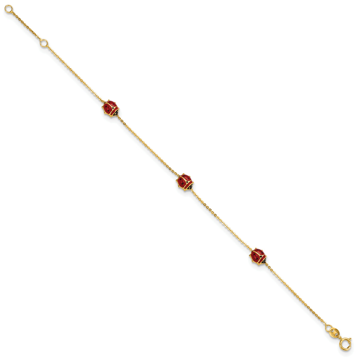 14k Polished Red and Black Enameled Ladybugs 6.5 inch Plus 0.75 inch Extender Bracelet