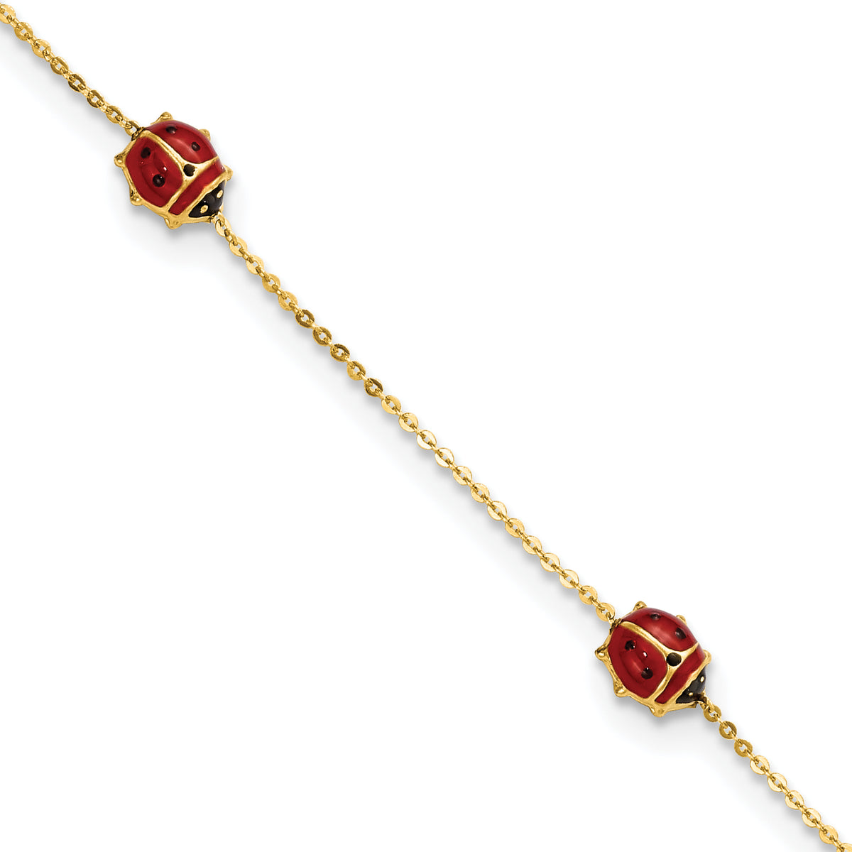 14k Polished Red and Black Enameled Ladybugs 6.5 inch Plus 0.75 inch Extender Bracelet