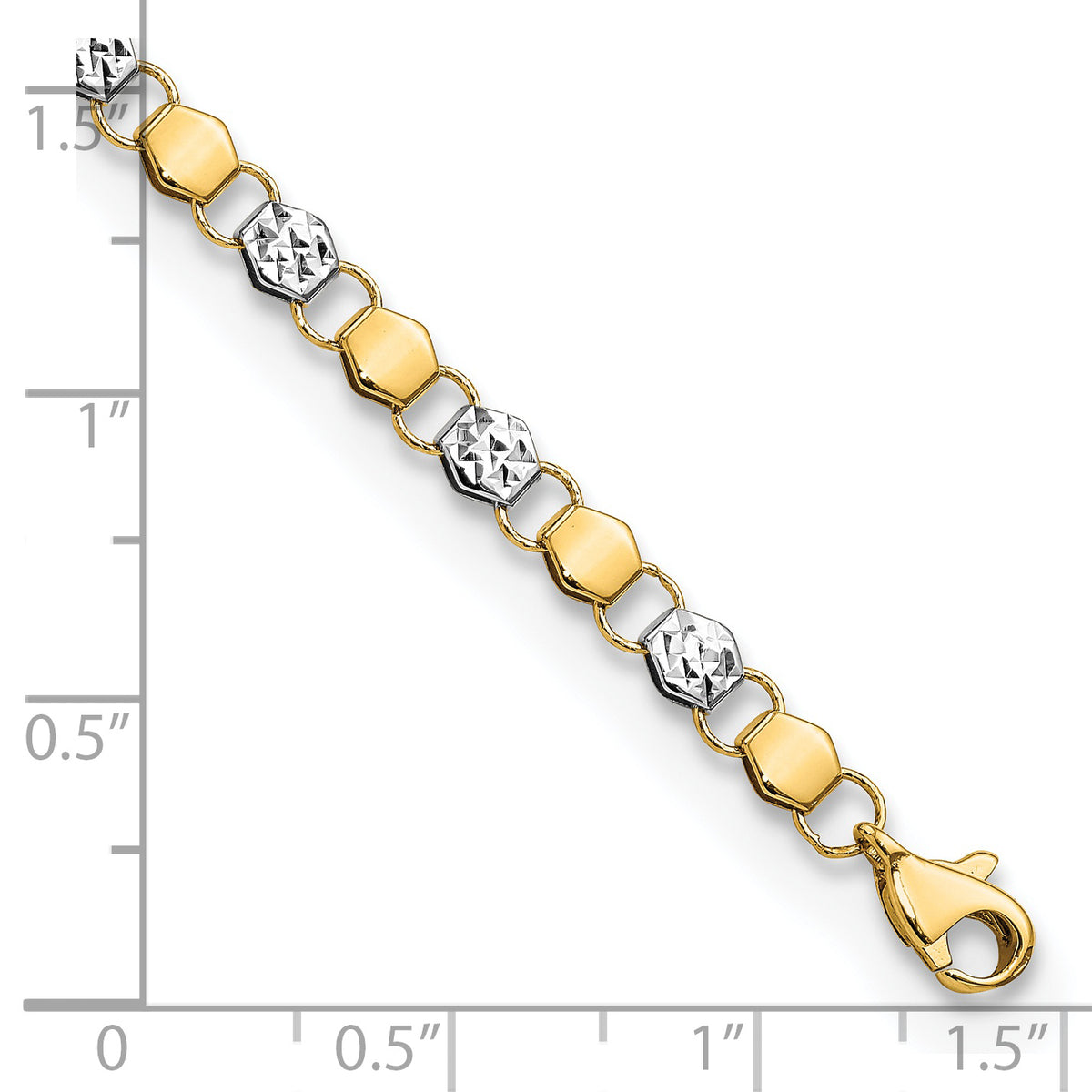14k Gold and White Rhodium Diamond-cut Fancy Link 7.5 inch Bracelet, shown with a ruler for scale