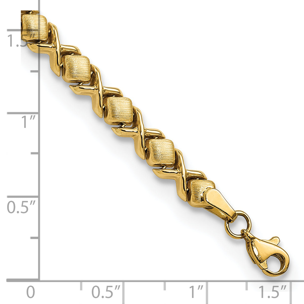 14k Yellow Gold Brushed and Polished Stampato 7.5 inch Bracelet, shown with a ruler for scale
