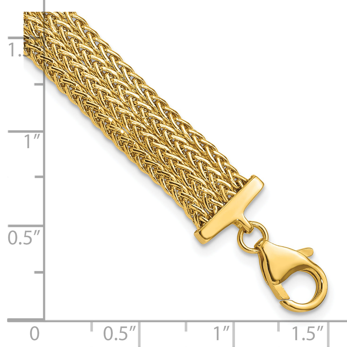 14k Yellow Gold Polished 9.2mm Fancy Braided Link 7.5 inch Bracelet, shown with a ruler for scale