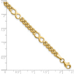 14k Yellow Gold Polished Infinity Symbol and Fancy Link 5-Station 7.5 inch Bracelet, shown with a ruler for scale