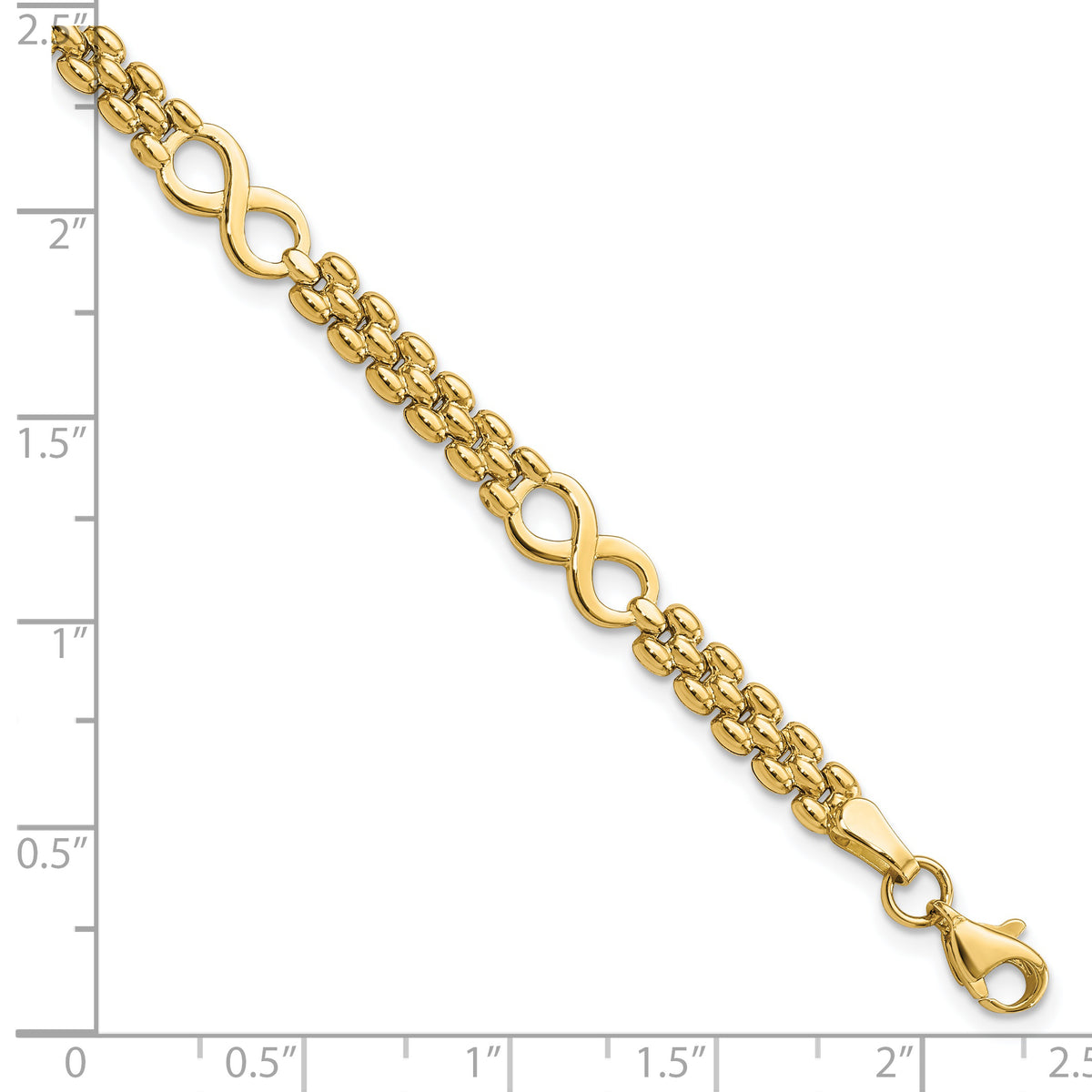 14k Yellow Gold Polished Infinity Symbol and Fancy Link 5-Station 7.5 inch Bracelet, shown with a ruler for scale