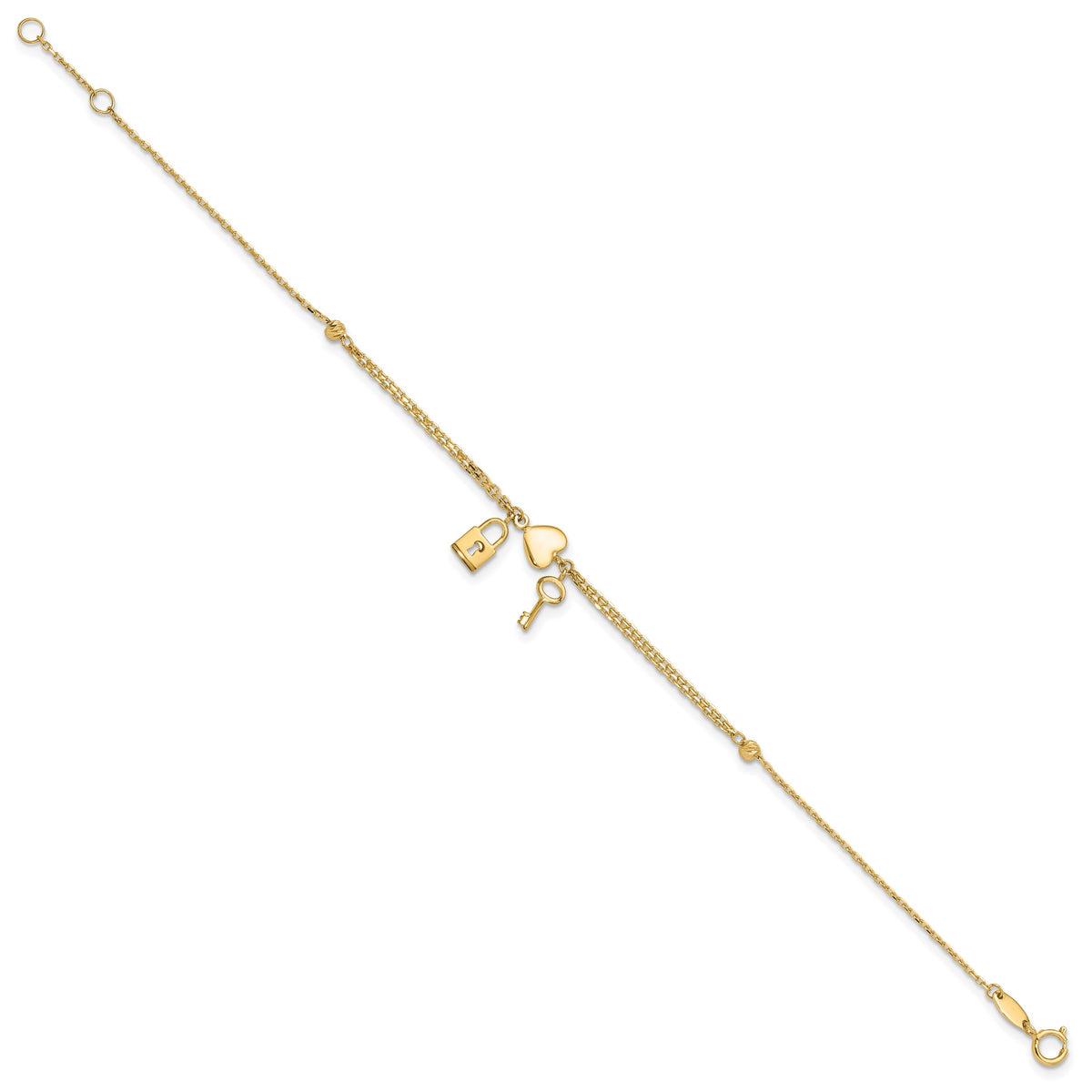 14k Yellow Gold Polished and Diamond-cut Heart Lock and Key 7-7.5 inch Bracelet, view 2