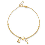 14k Yellow Gold Polished and Diamond-cut Heart Lock and Key 7-7.5 inch Bracelet, view 4