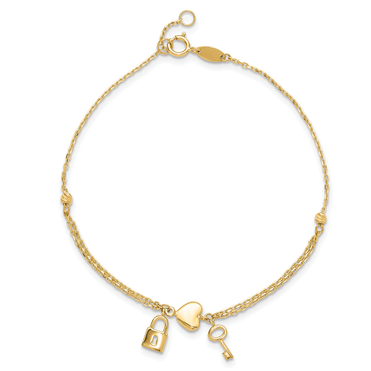 14k Yellow Gold Polished and Diamond-cut Heart Lock and Key 7-7.5 inch Bracelet, view 4