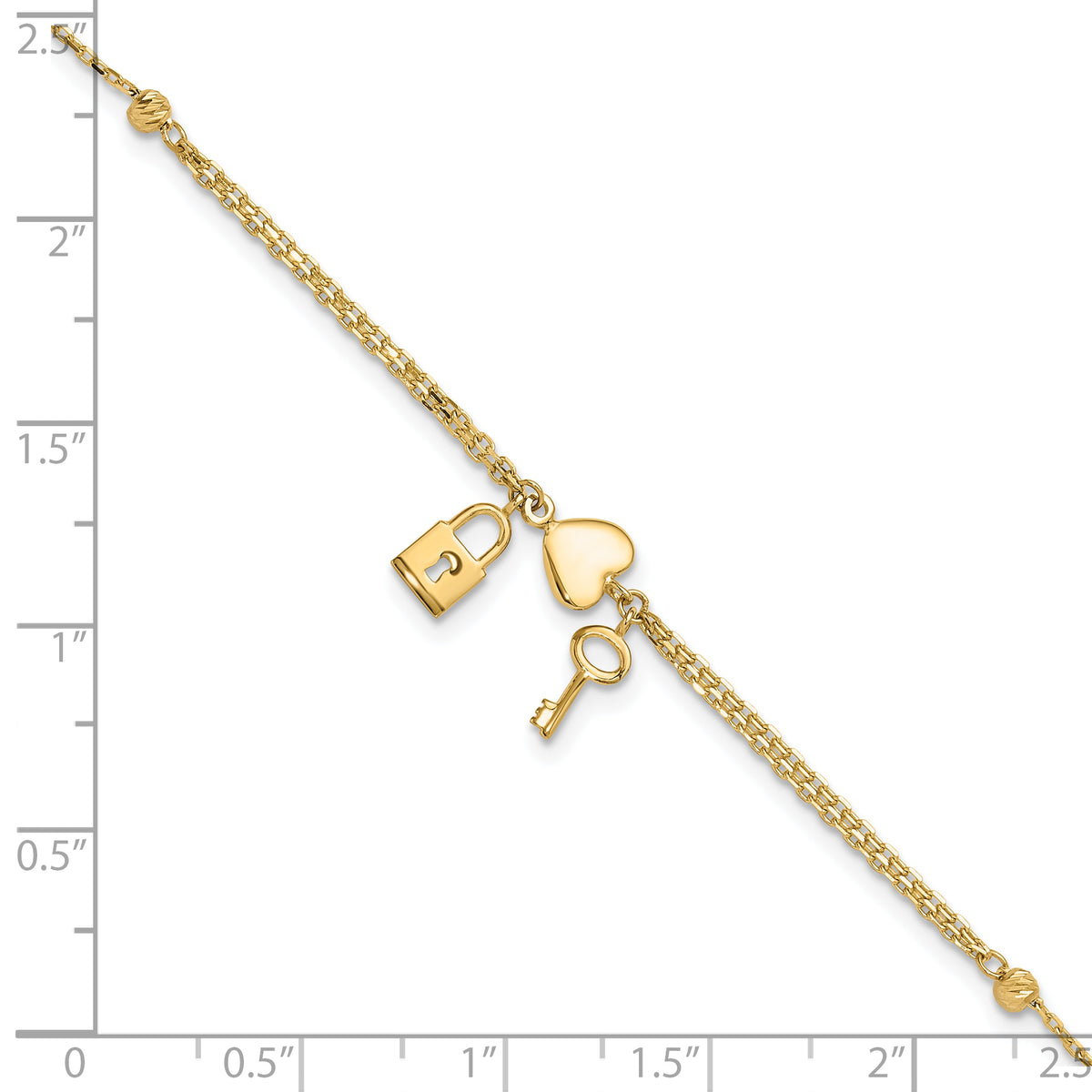 14k Yellow Gold Polished and Diamond-cut Heart Lock and Key 7-7.5 inch Bracelet, shown with a ruler for scale