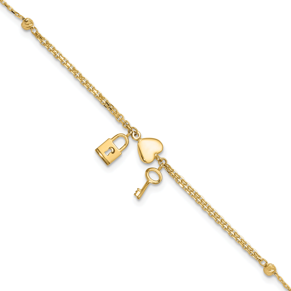 14k Yellow Gold Polished and Diamond-cut Heart Lock and Key 7-7.5 inch Bracelet