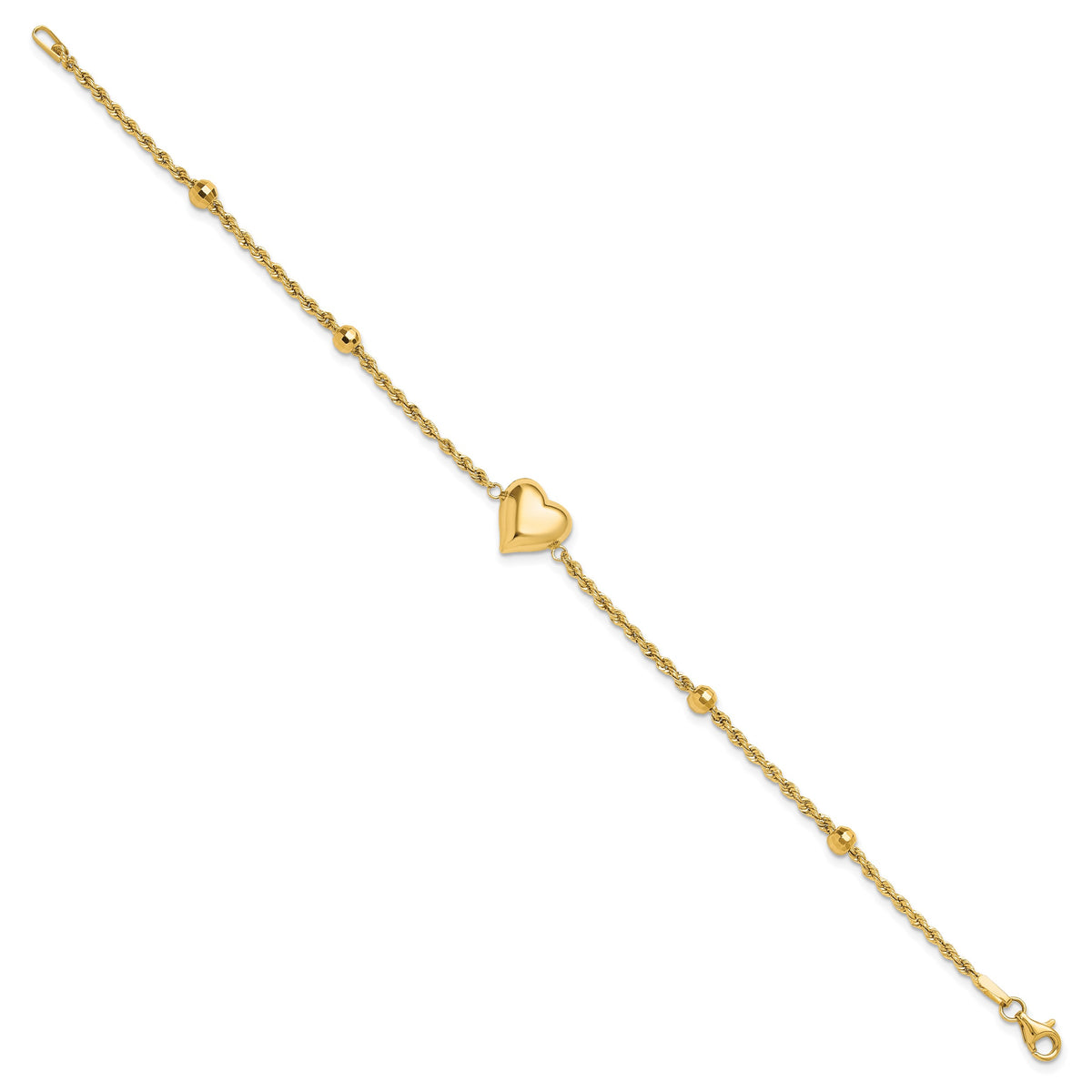 14k Yellow Gold Polished and Diamond-cut Beaded Puffed Heart 7.75 inch Bracelet, view 2