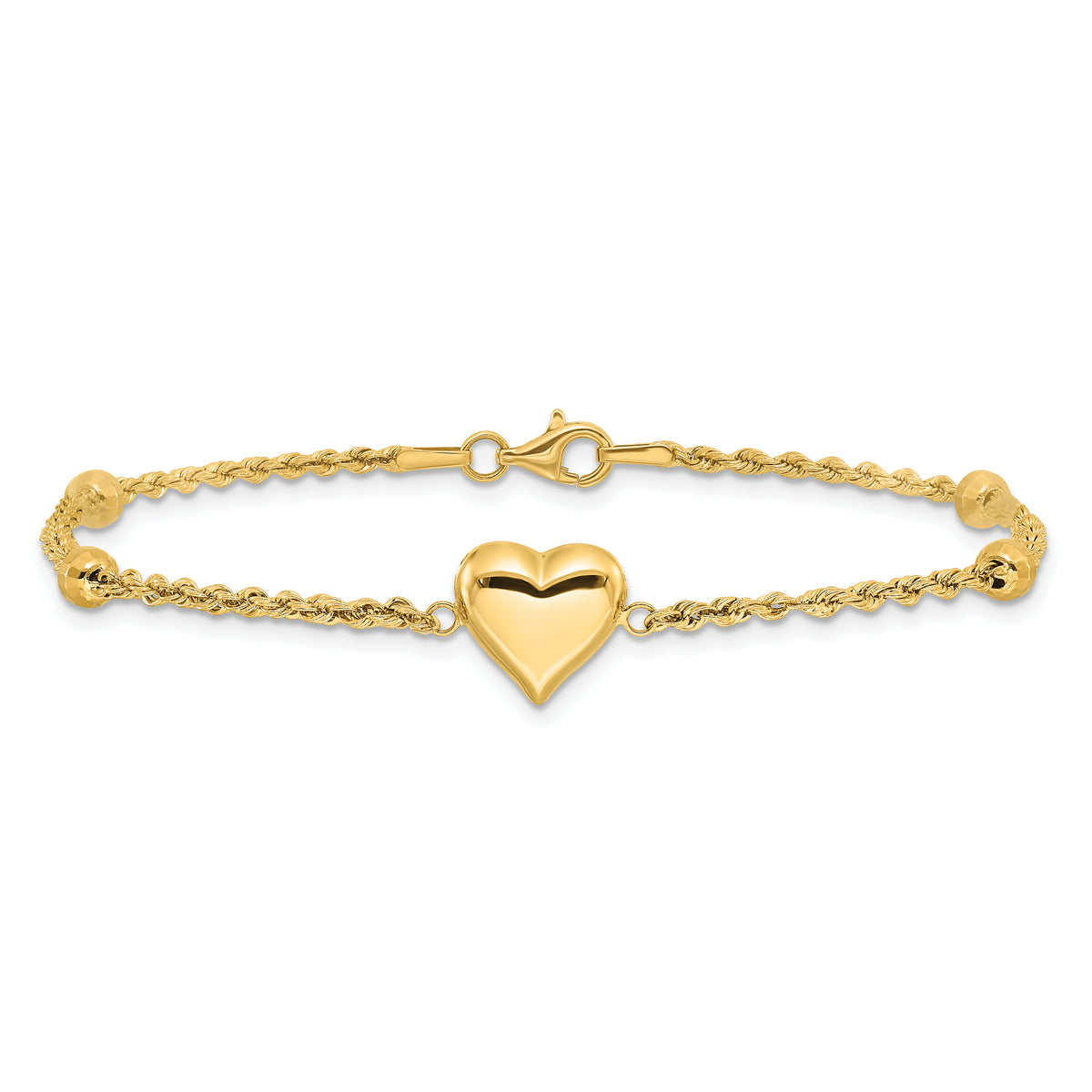 14k Yellow Gold Polished and Diamond-cut Beaded Puffed Heart 7.75 inch Bracelet, view 3