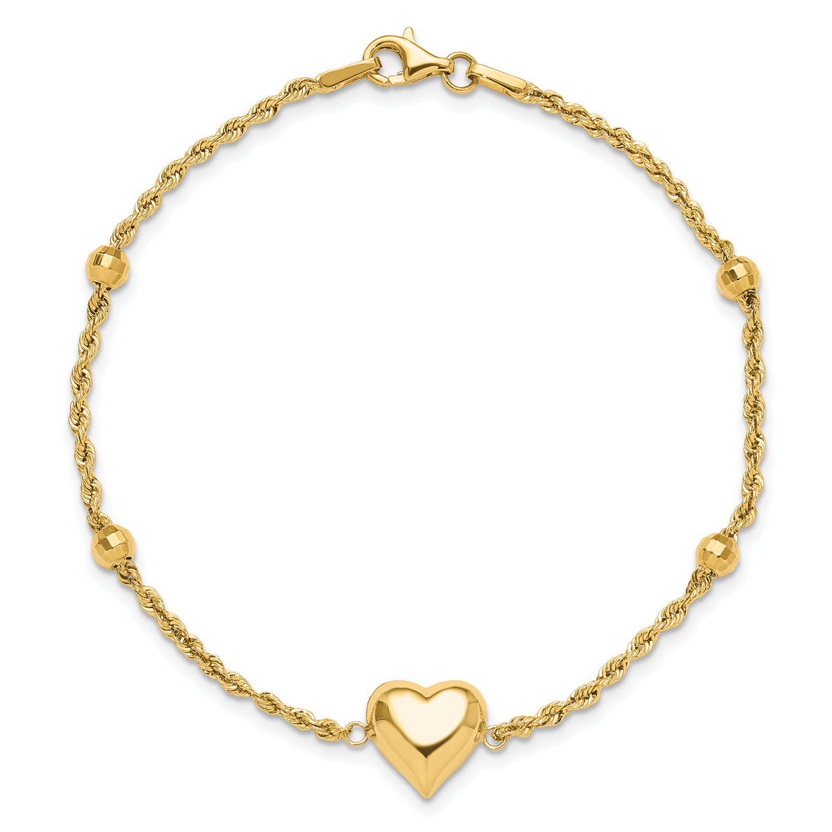 14k Yellow Gold Polished and Diamond-cut Beaded Puffed Heart 7.75 inch Bracelet, view 4