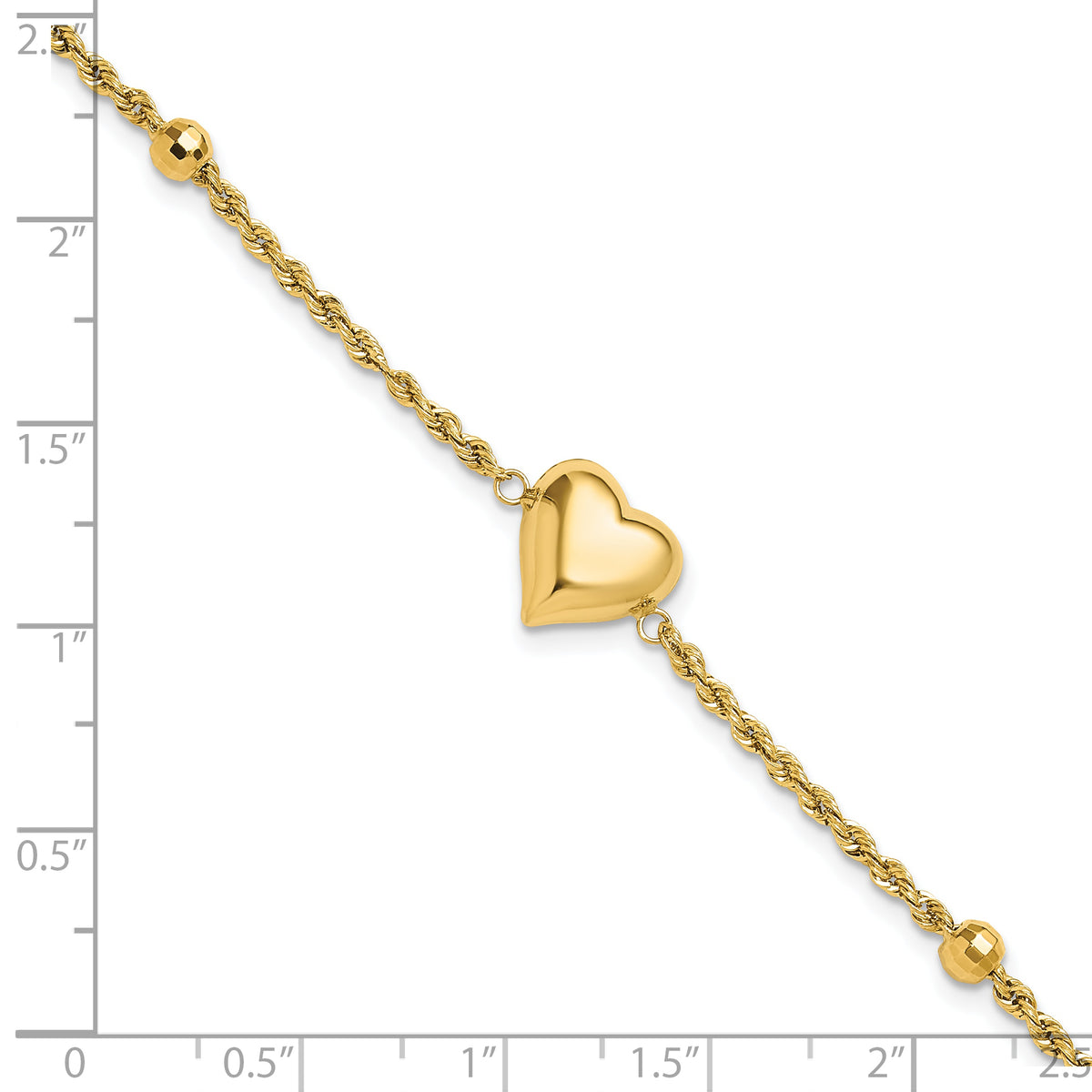 14k Yellow Gold Polished and Diamond-cut Beaded Puffed Heart 7.75 inch Bracelet, shown with a ruler for scale