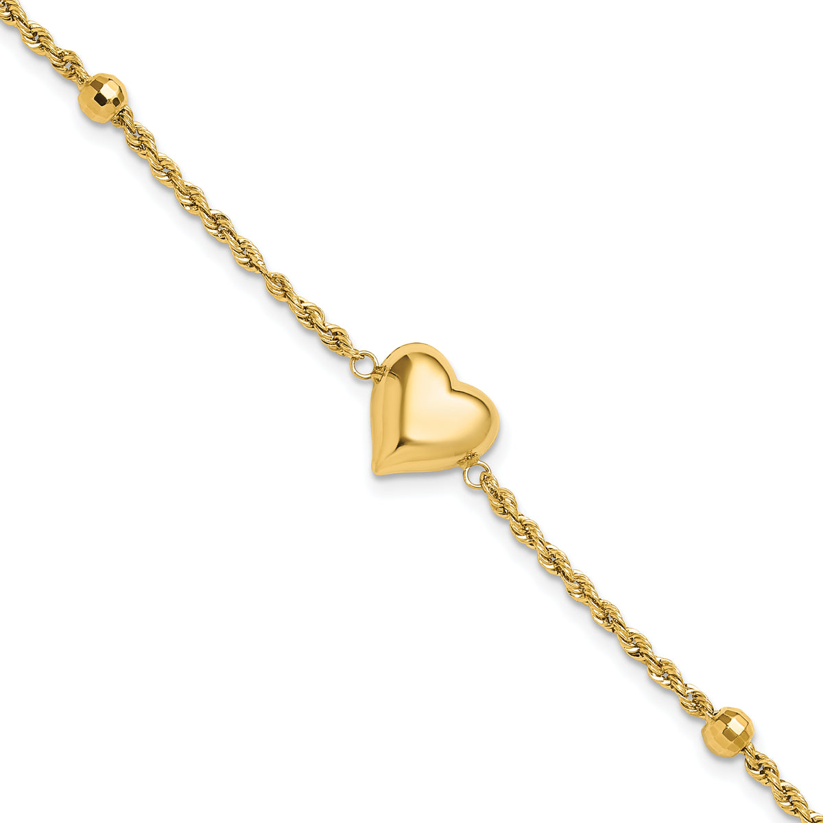 14k Yellow Gold Polished and Diamond-cut Beaded Puffed Heart 7.75 inch Bracelet