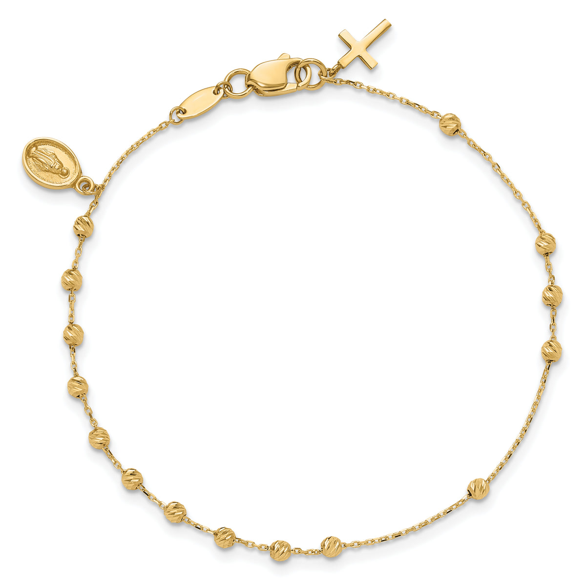 14K Polished and Diamond-cut Miraculous Medal and Cross 7.5 inch Rosary Bracelet