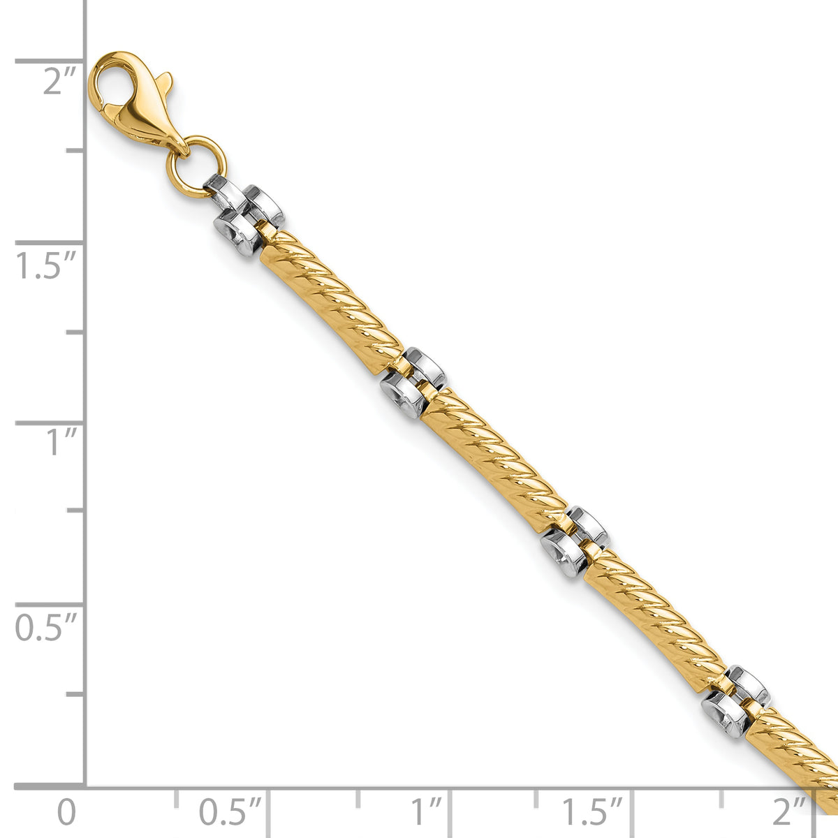 14k Two-Tone Gold Polished 3.5mm Fancy Twisted Bar Link 7.75 inch Bracelet, shown with a ruler for scale