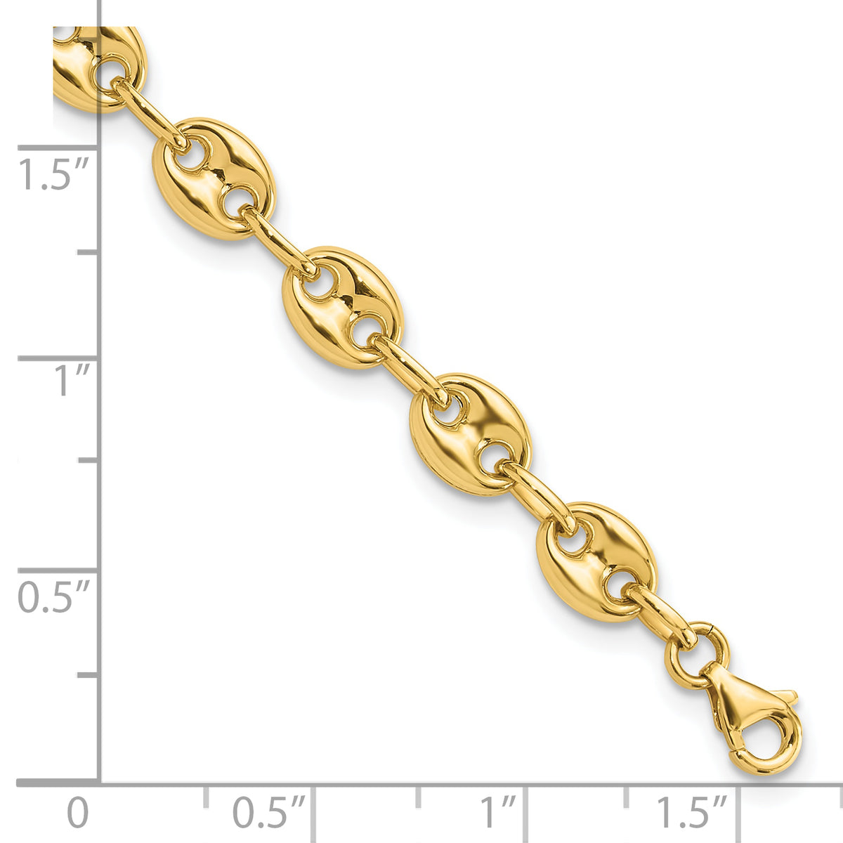 14k Yellow Gold Polished 6.3mm Puffed Anchor/Mariner Link 7.75 inch Bracelet, shown with a ruler for scale