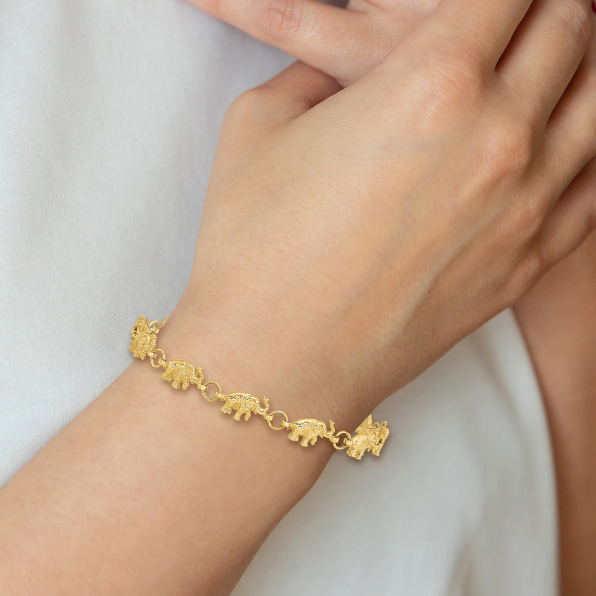 14k Yellow Gold Polished and Textured Elephant Bracelet, view 6 - 7 in