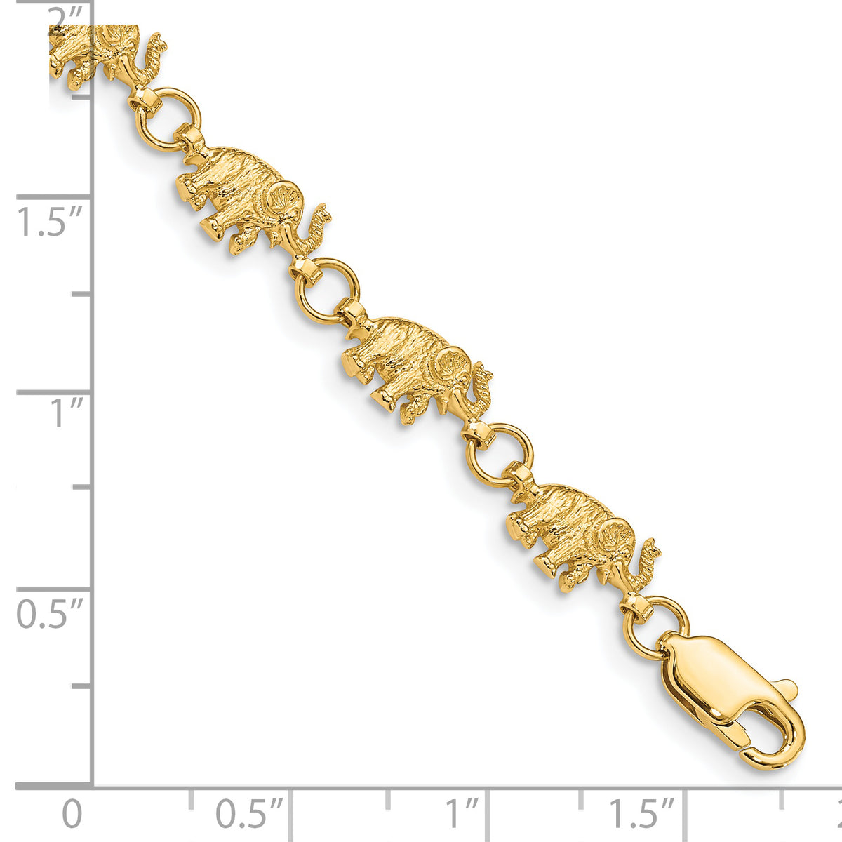 14k Yellow Gold Polished and Textured Elephant Bracelet, shown with a ruler for scale - 7 in