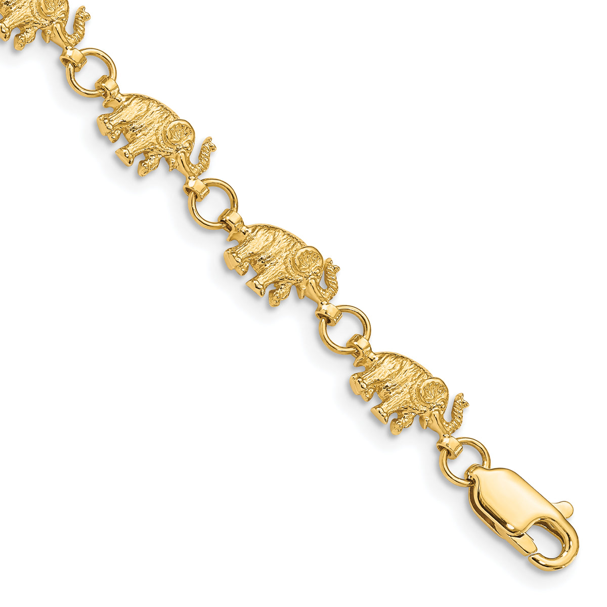 14k Yellow Gold Polished and Textured Elephant Bracelet - 7 in