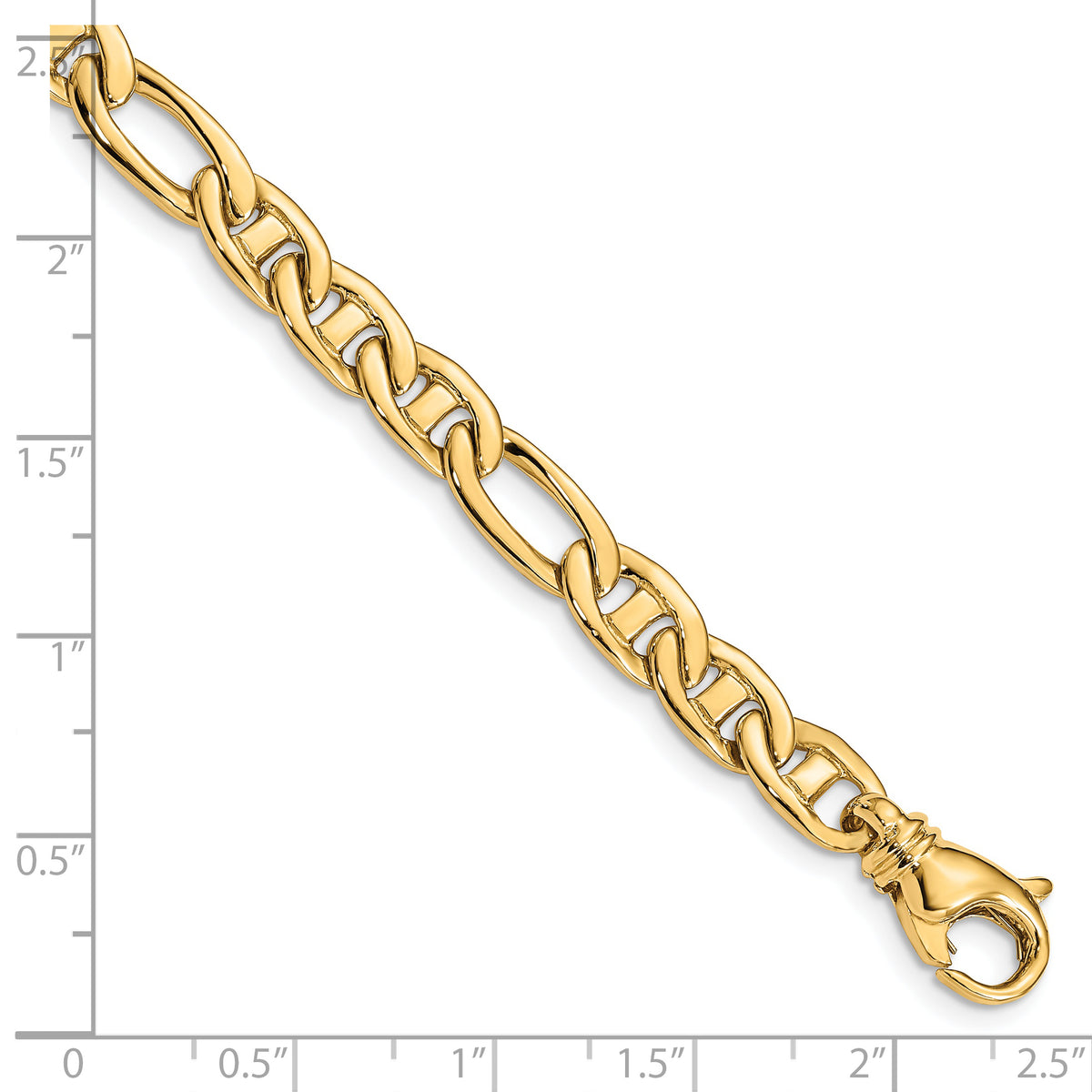 14k Yellow Gold Solid 6.5mm Fancy Flat Anchor Link Bracelet, shown with a ruler for scale - 7.25 in