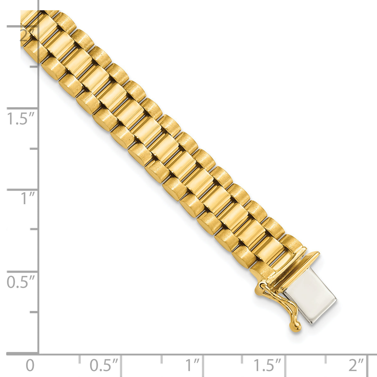14k Yellow Gold Polished and Satin 8mm Men's Fancy Link 8 inch Bracelet, shown with a ruler for scale