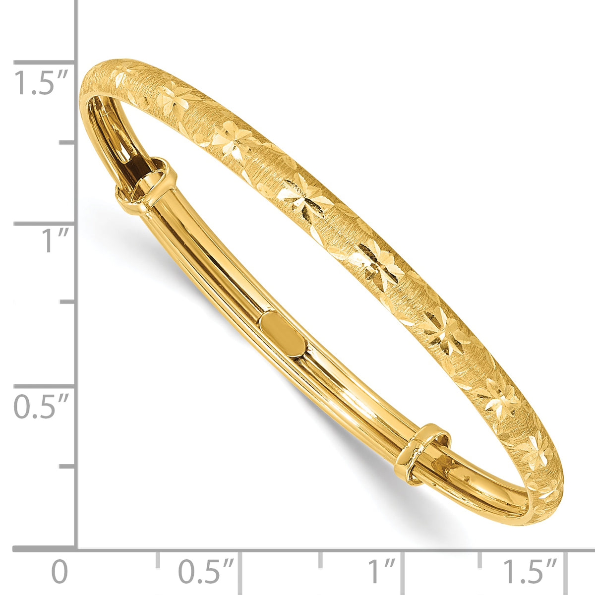 14k Yellow Gold Satin and Diamond-cut 3.15mm Flexible Bangle, shown with a ruler for scale