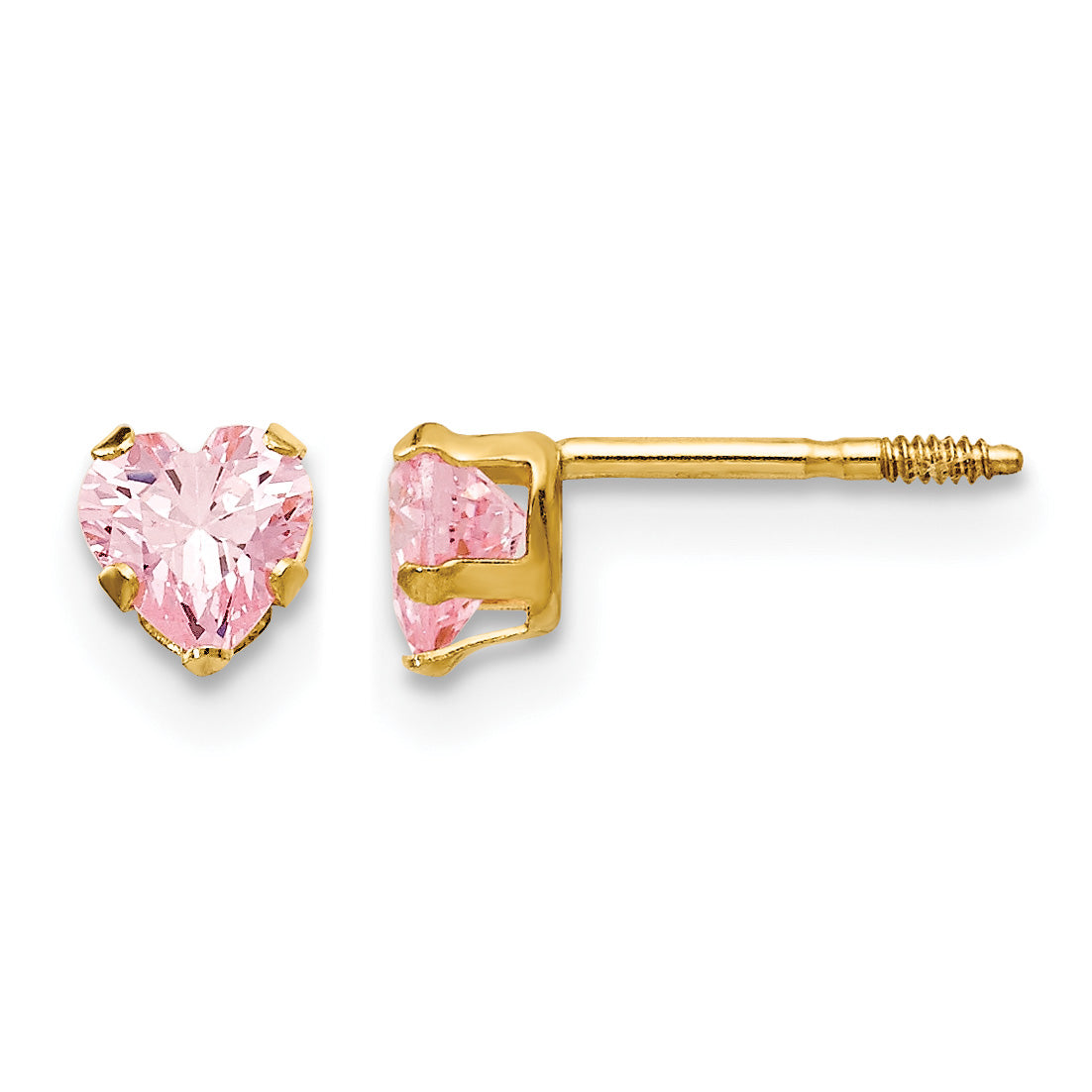 Gold Childrens CZ Heart Post Earrings - Pink#Pink