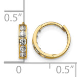 14k Gold Kids' CZ 3x9mm Hinged Hoop Earrings, shown with a ruler for scale - 14k Yellow Gold