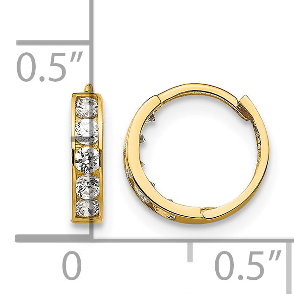 14k Gold Kids' CZ 3x9mm Hinged Hoop Earrings, shown with a ruler for scale - 14k Yellow Gold