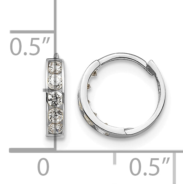 14k Gold Kids' CZ 3x9mm Hinged Hoop Earrings, shown with a ruler for scale - 14k White Gold