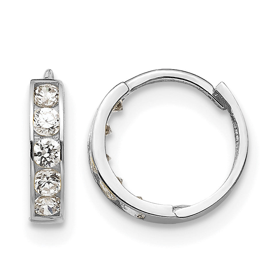 14k Gold Kids' CZ 3x9mm Hinged Hoop Earrings - 14k White Gold