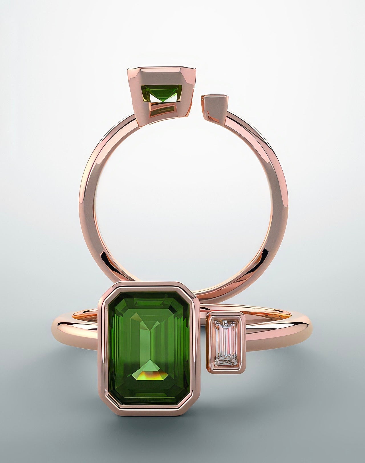 Color gem ring, Emerald and rose gold with natural diamond
