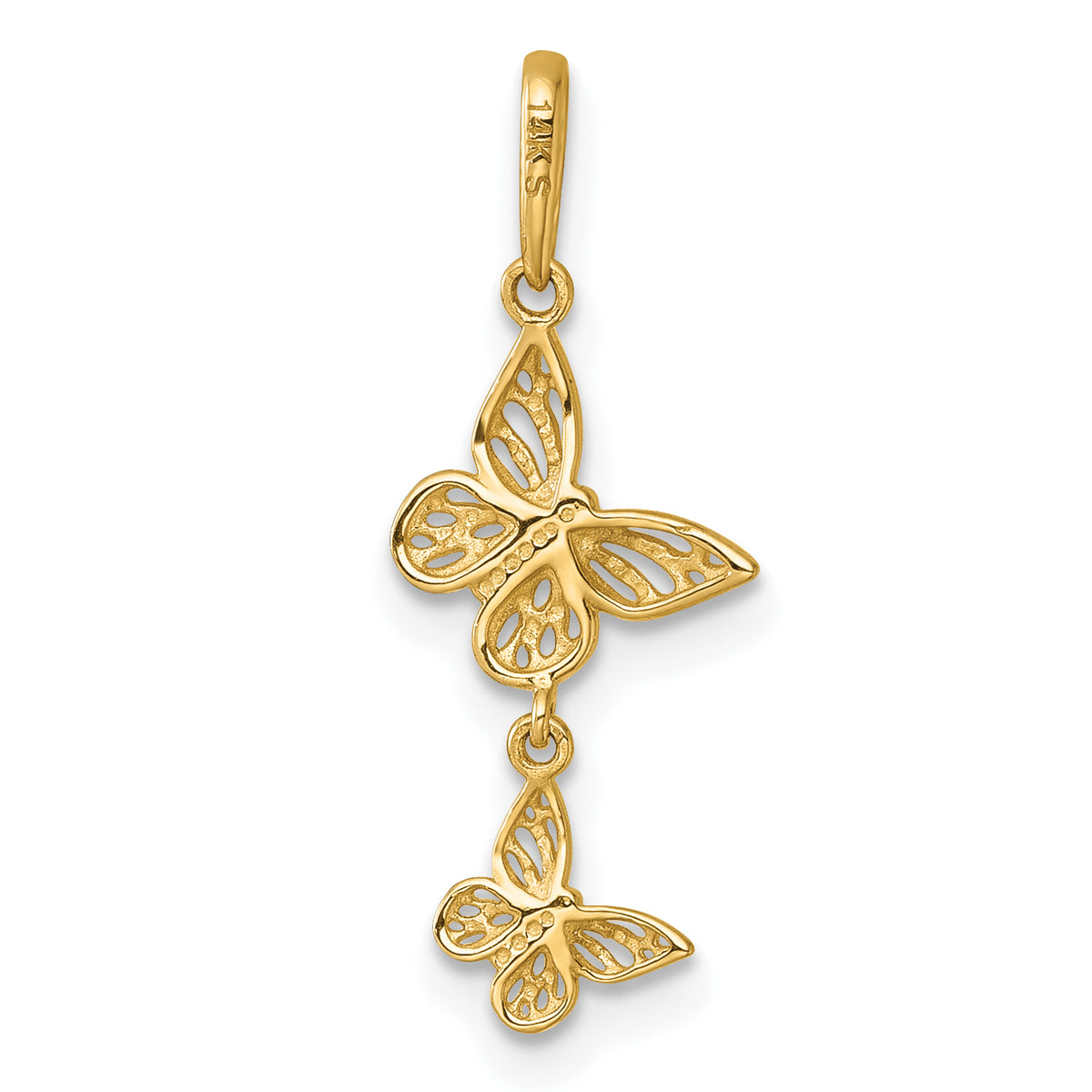 14k Yellow Gold Polished Double Butterfly Dangle Charm Pendant, view 3