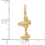 14k Yellow Gold Polished Double Butterfly Dangle Charm Pendant, shown with a ruler for scale