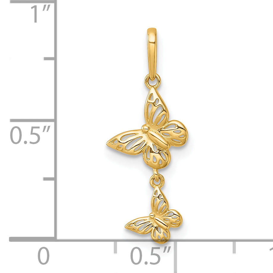 14k Yellow Gold Polished Double Butterfly Dangle Charm Pendant, shown with a ruler for scale