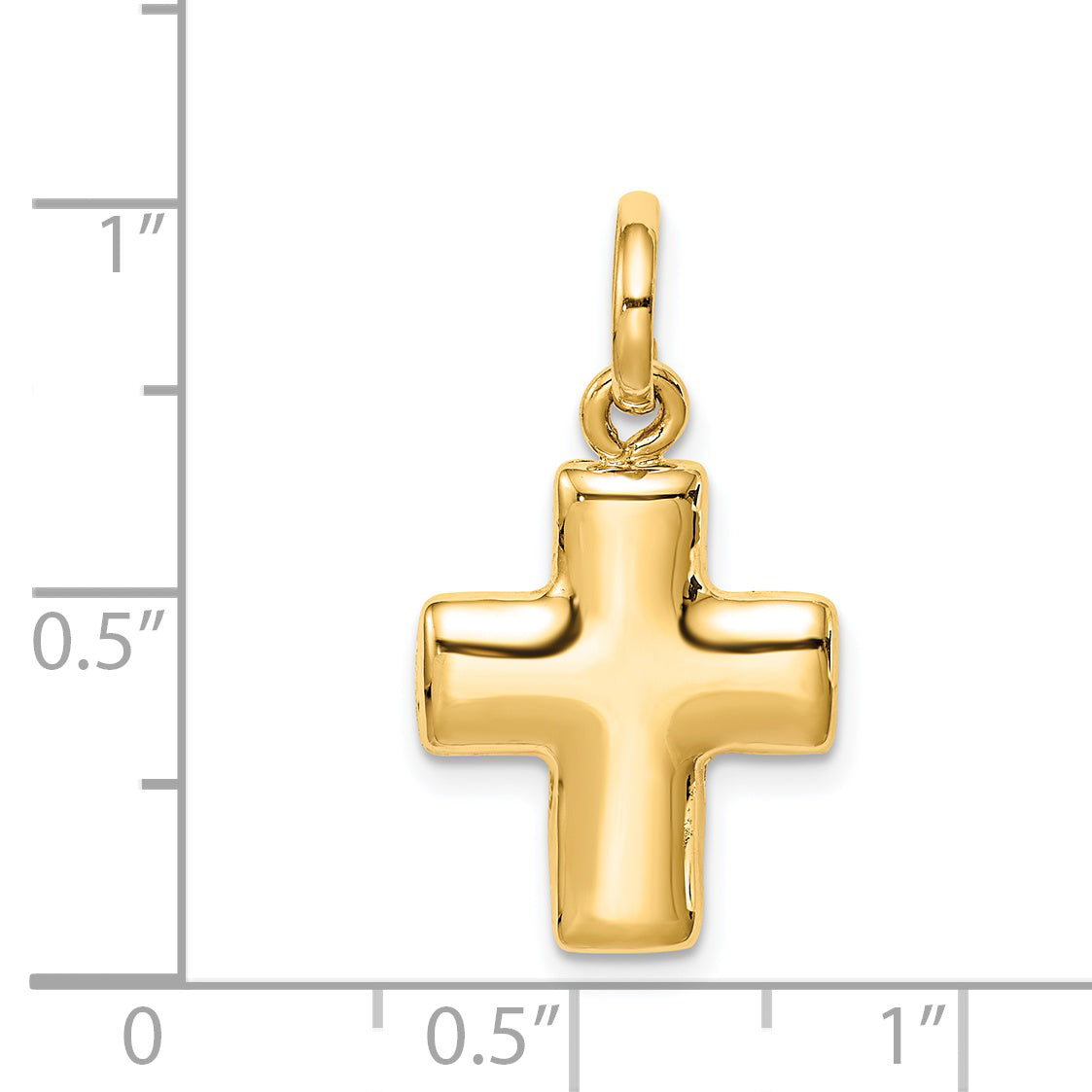 14k Yellow Gold Puffed Cross Charm, shown with a ruler for scale