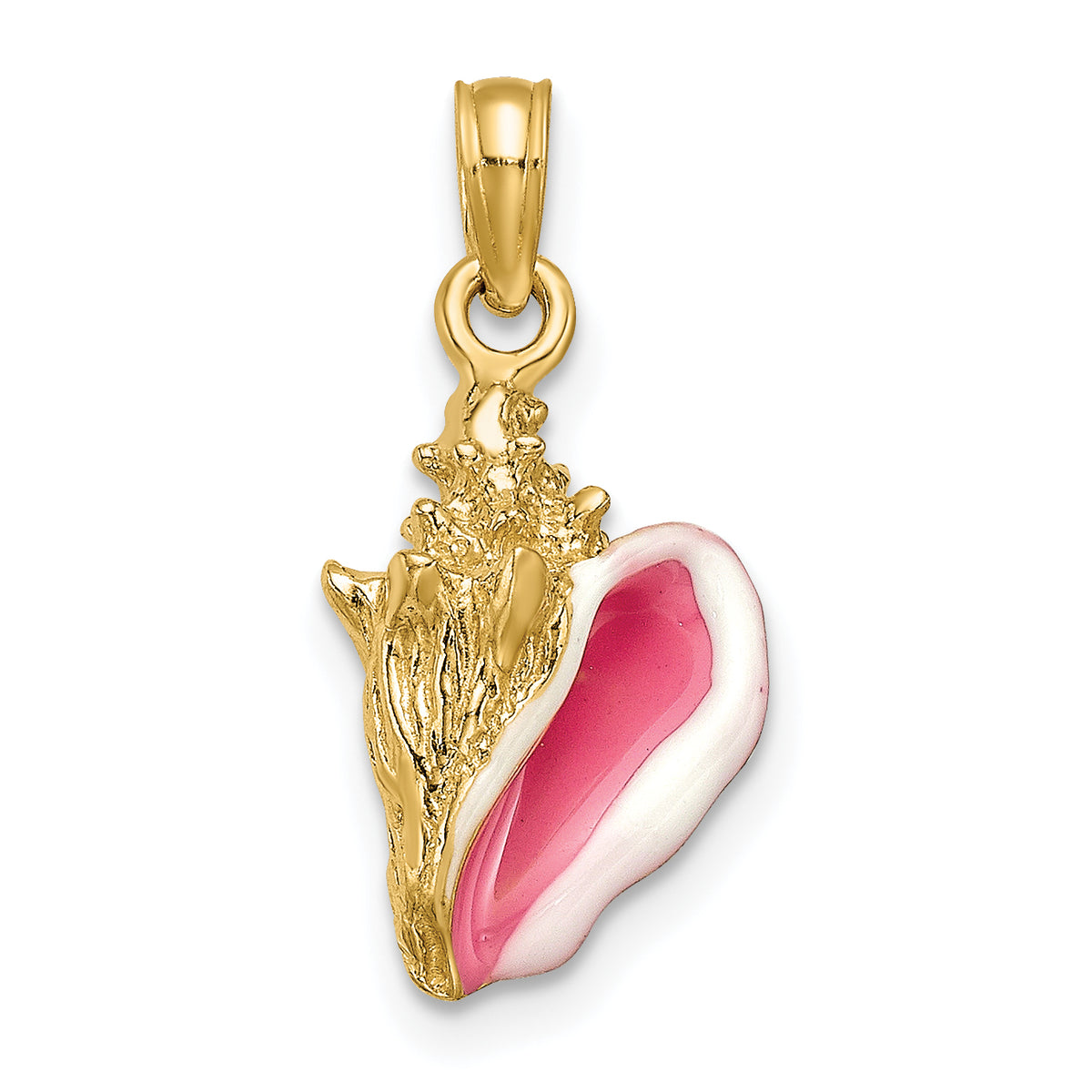 14k Yellow Gold Pink and White Enameled 3-D Conch Shell Pendant