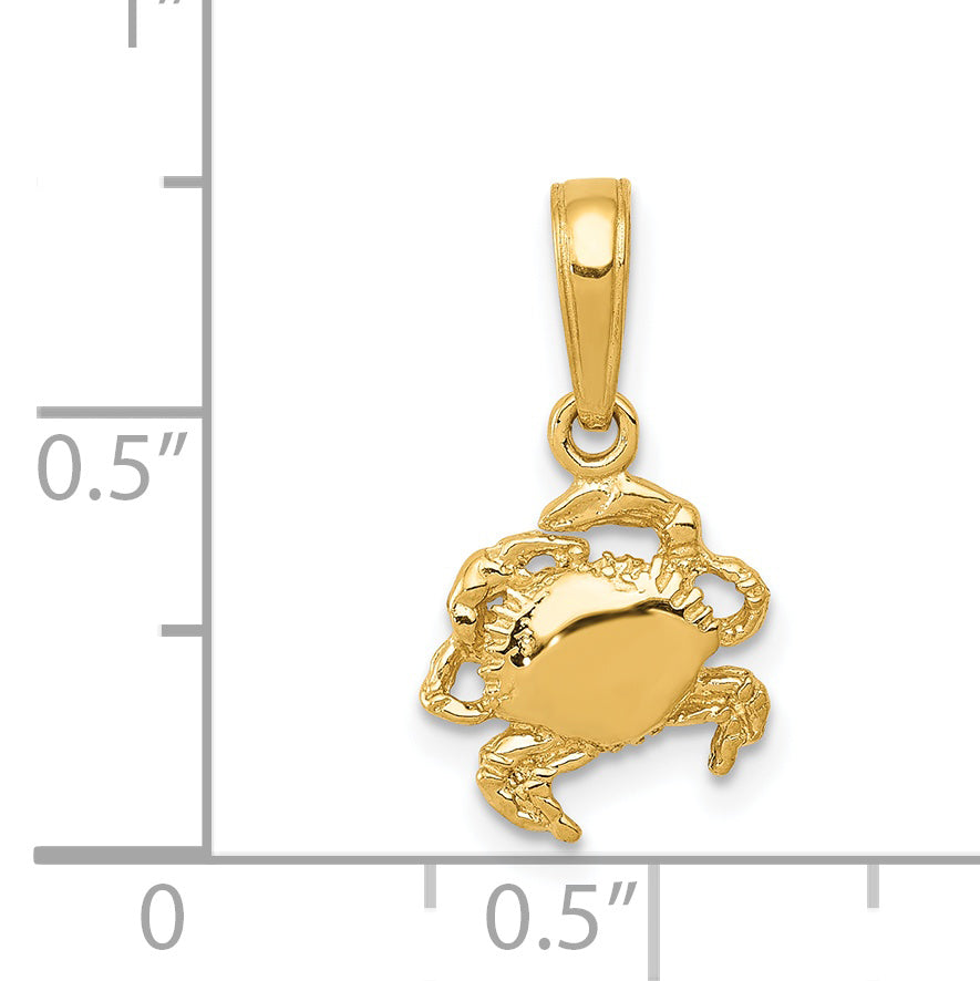 14k Yellow Gold Small Crab Pendant, shown with a ruler for scale