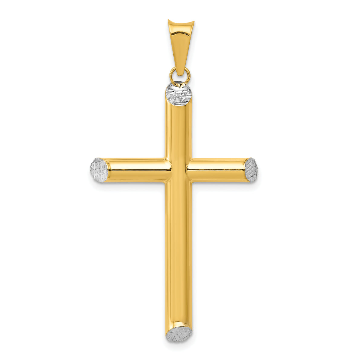 Polished Hollow Cross Pendant - 14k Gold with White Rhodium / Polished, 3D / Diamond-cut