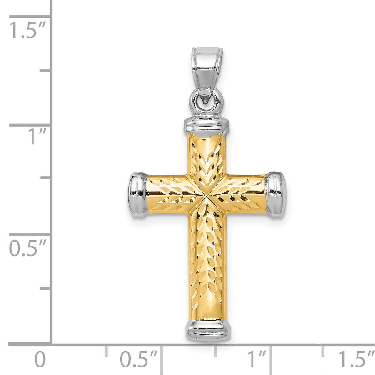 14k Two-Tone Gold Diamond-cut Reversible Latin Cross Pendant, shown with a ruler for scale - 18.5 x 30.5 mm
