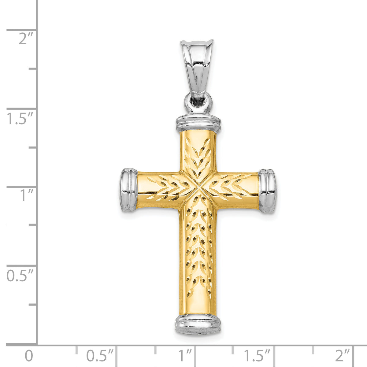 14k Two-Tone Gold Diamond-cut Reversible Latin Cross Pendant, shown with a ruler for scale - 25.5 x 40 mm