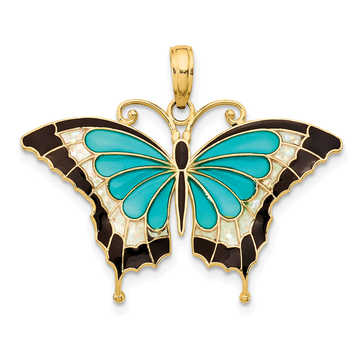 14k Yellow Gold Blue Enameled Butterfly Pendant