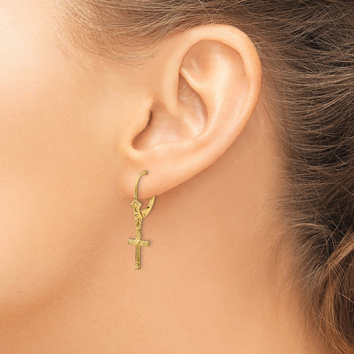 Gold Cross with Heart Dangle Leverback Earrings - 14k Yellow Gold