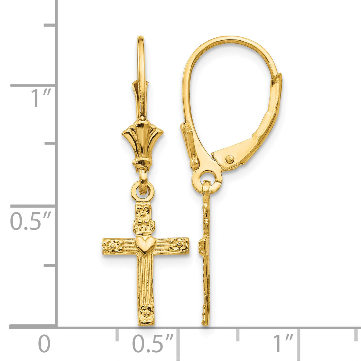Gold Cross with Heart Dangle Leverback Earrings - 14k Yellow Gold