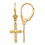 Gold Cross with Heart Dangle Leverback Earrings - 14k Yellow Gold