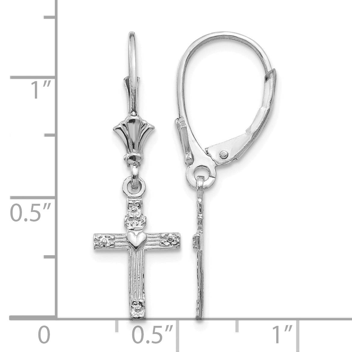 Gold Cross with Heart Dangle Leverback Earrings - 14k White Gold