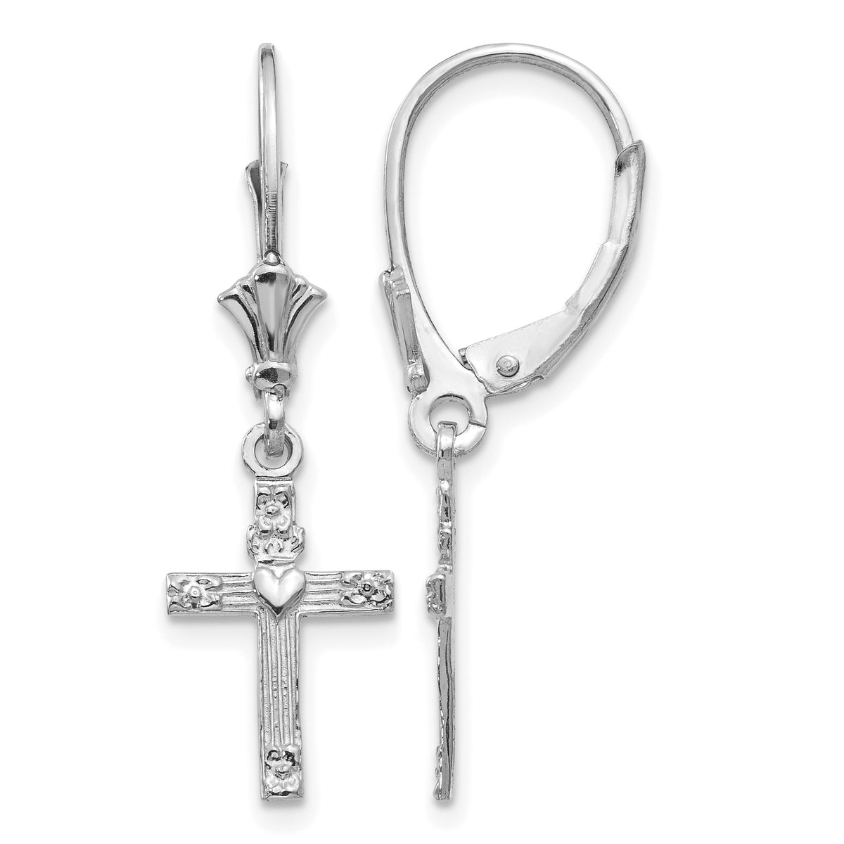 Gold Cross with Heart Dangle Leverback Earrings - 14k White Gold#14k White Gold
