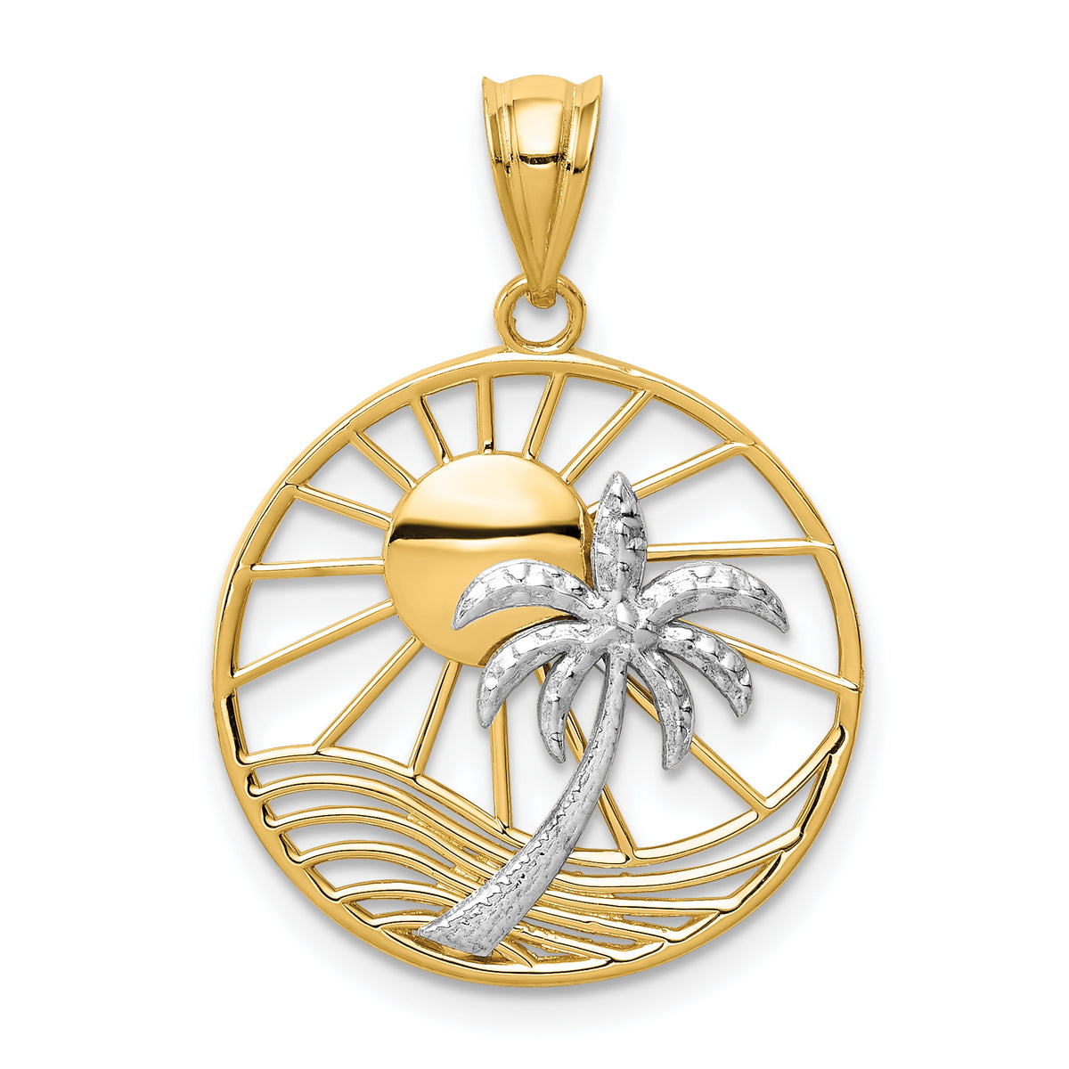14k Two-Tone Gold Sun and Palm Tree in Circle Pendant