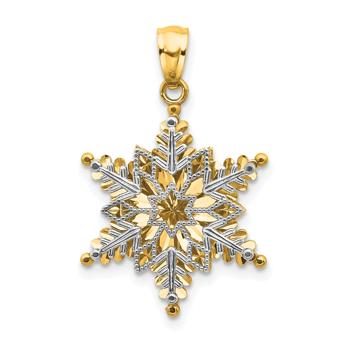 14k Two-tone Polished and Textured 2-Level Snowflake Pendant