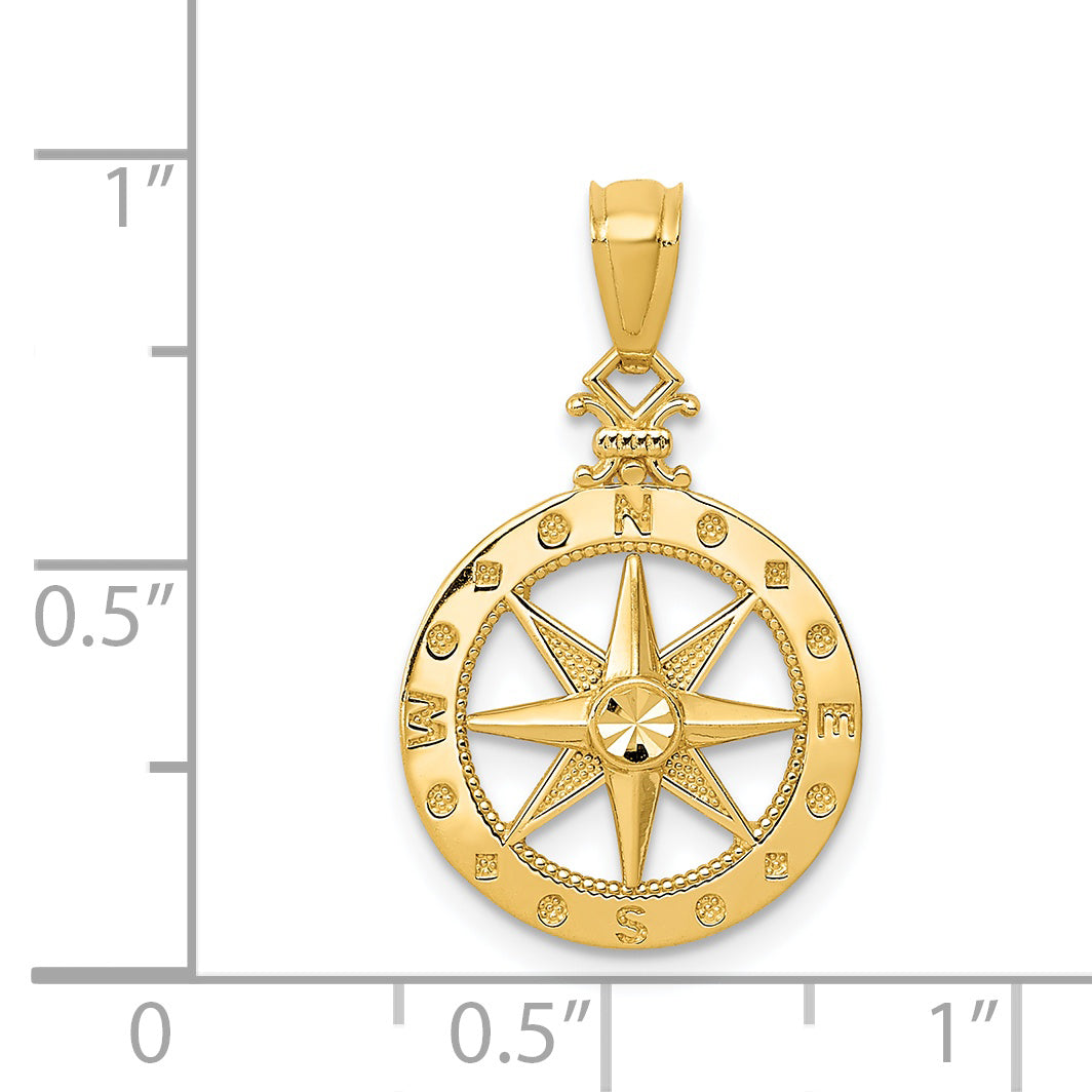Gold Polished Compass Pendant - 14 x 18.7 mm